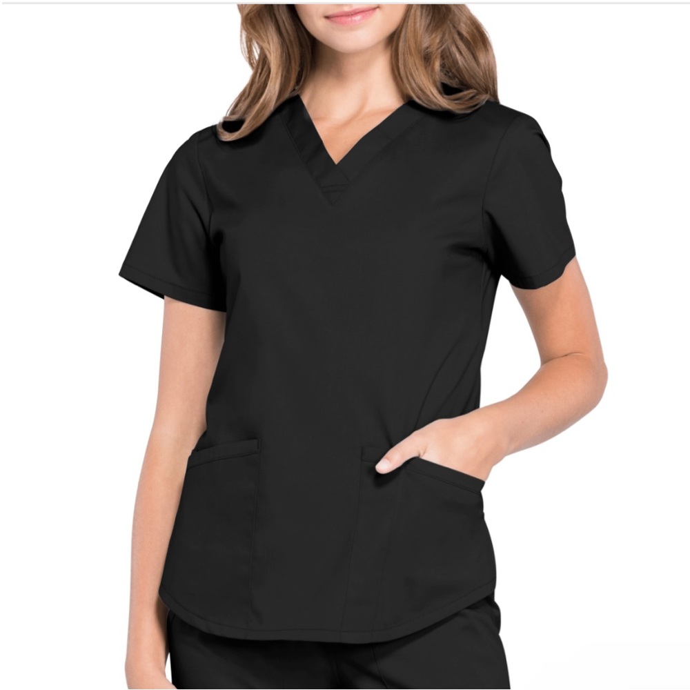 NWOT TAGS CHEROKEE PROFESSIONALS WORKWEAR TWO POCKET V NECK BLACK SCRUB TOP